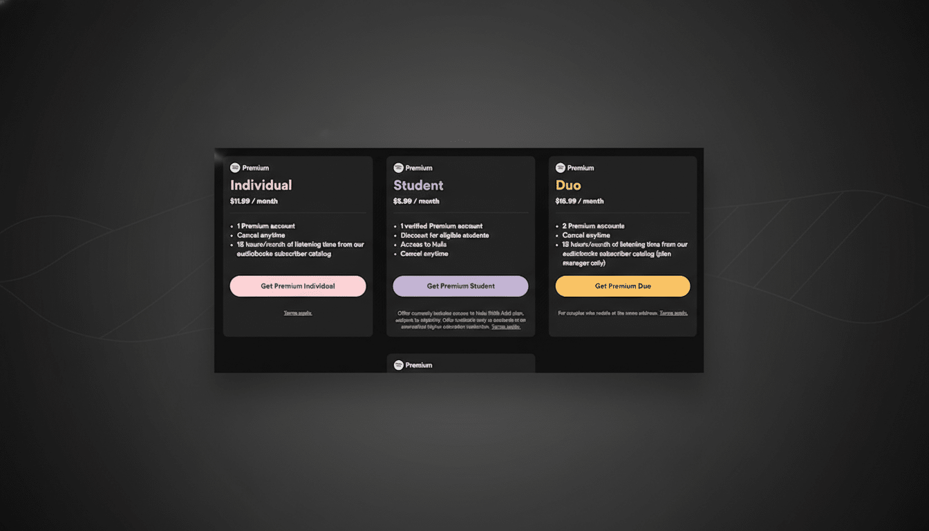 A screenshot of Spotifys premium subscription plans, including Individual, Student, Duo, and Family, presented on a dark background with a subtle gradient.