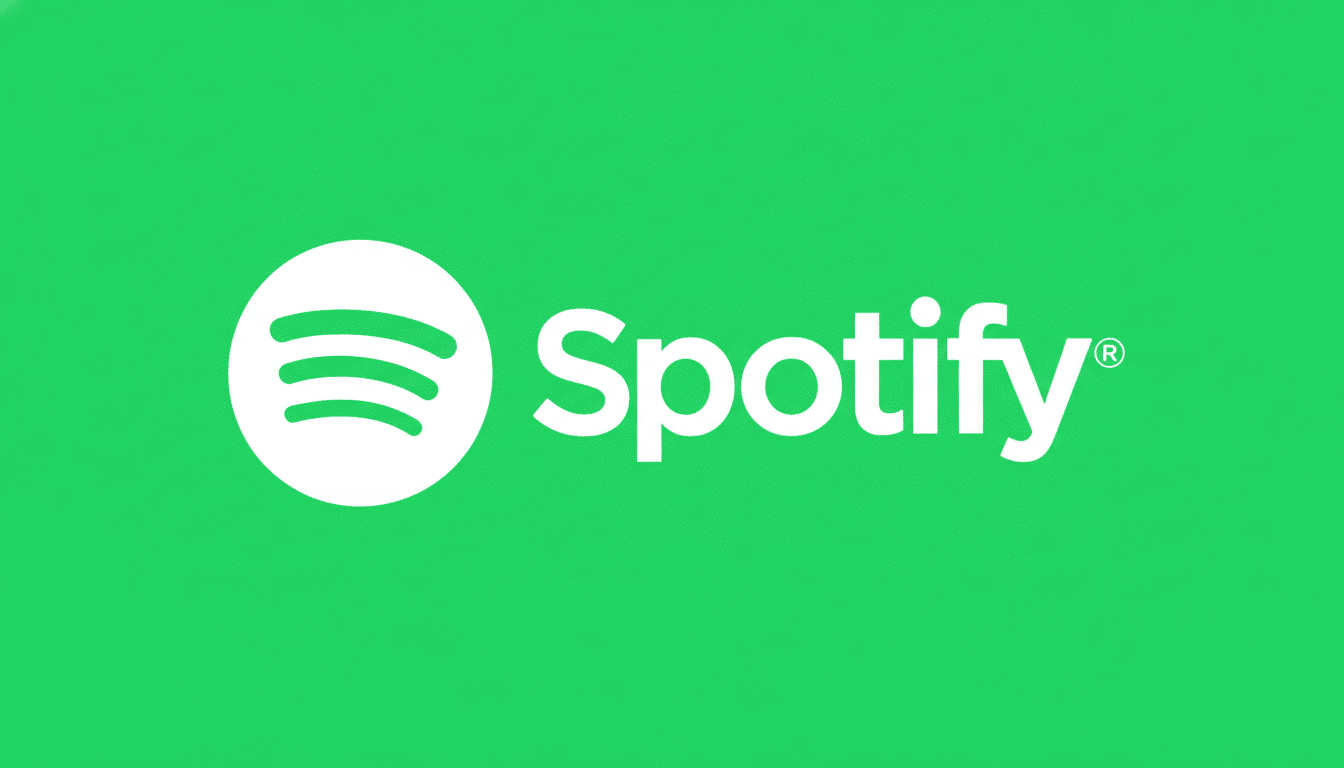 The Spotify logo, featuring a white circle with three curved lines resembling sound waves, next to the word Spotify in white text, all set against a vibrant green background, resized to a 16:9 aspect ratio.