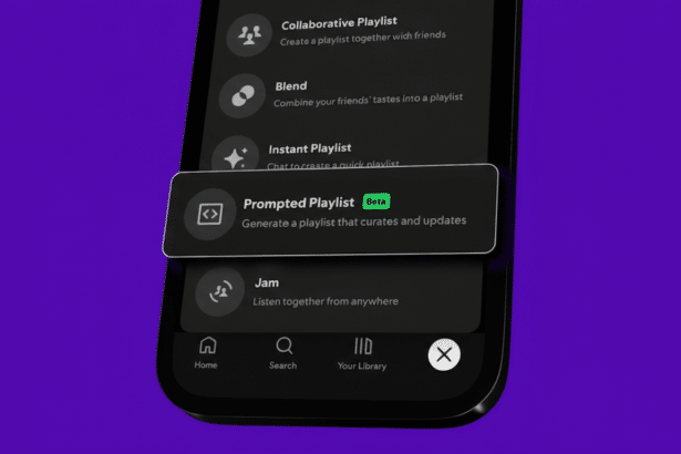 A Spotify app screen showing a Prompted Playlist feature in beta, with other playlist options visible.