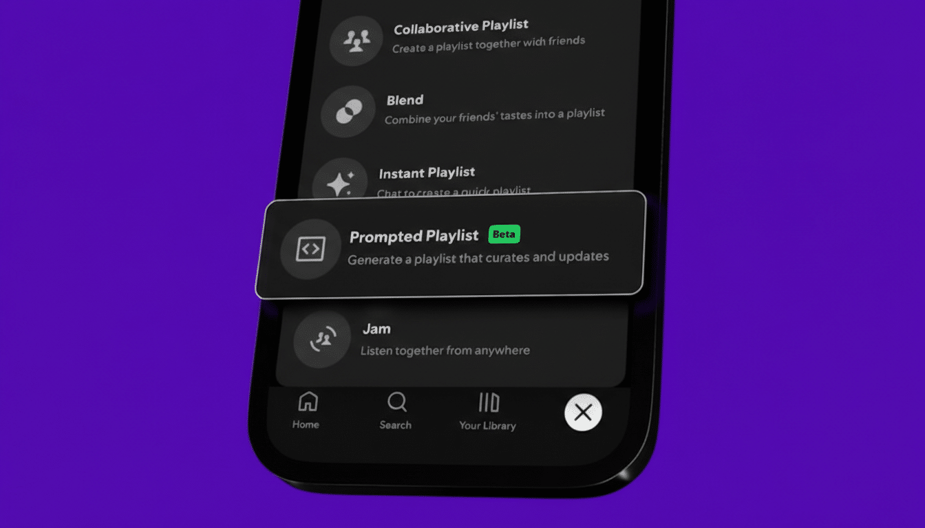 A Spotify app screen showing a Prompted Playlist feature in beta, with other playlist options visible.