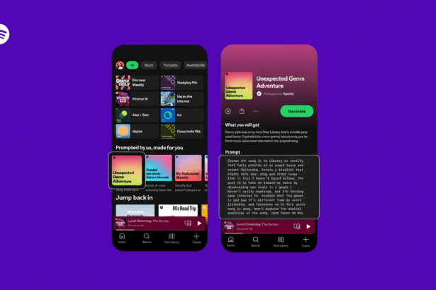 A 16:9 aspect ratio image showing two mobile phone screens displaying the Spotify app interface. The left screen shows a Prompted by us, made for you section with Unexpected Genre Adventure highlighted, and a Jump back in section. The right screen shows details for Unexpected Genre Adventure with a Generate button and text explaining the feature. The background is a solid purple color with the Spotify logo in the top left corner.