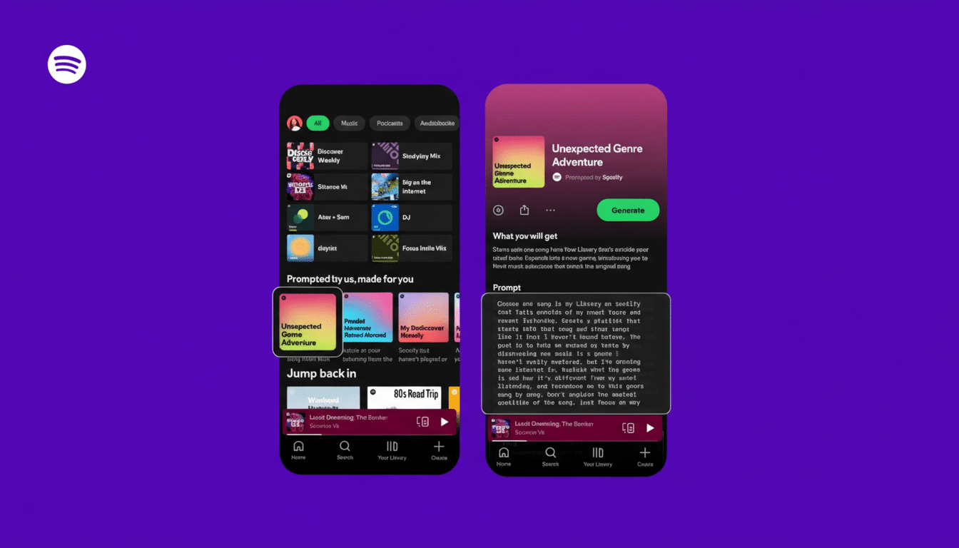A 16:9 aspect ratio image showing two mobile phone screens displaying the Spotify app interface. The left screen shows a Prompted by us, made for you section with Unexpected Genre Adventure highlighted, and a Jump back in section. The right screen shows details for Unexpected Genre Adventure with a Generate button and text explaining the feature. The background is a solid purple color with the Spotify logo in the top left corner.