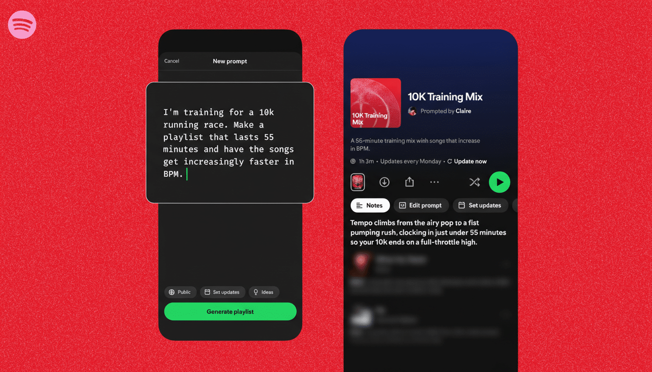 A Spotify interface showing a New prompt screen on the left and a 10K Training Mix playlist on the right.