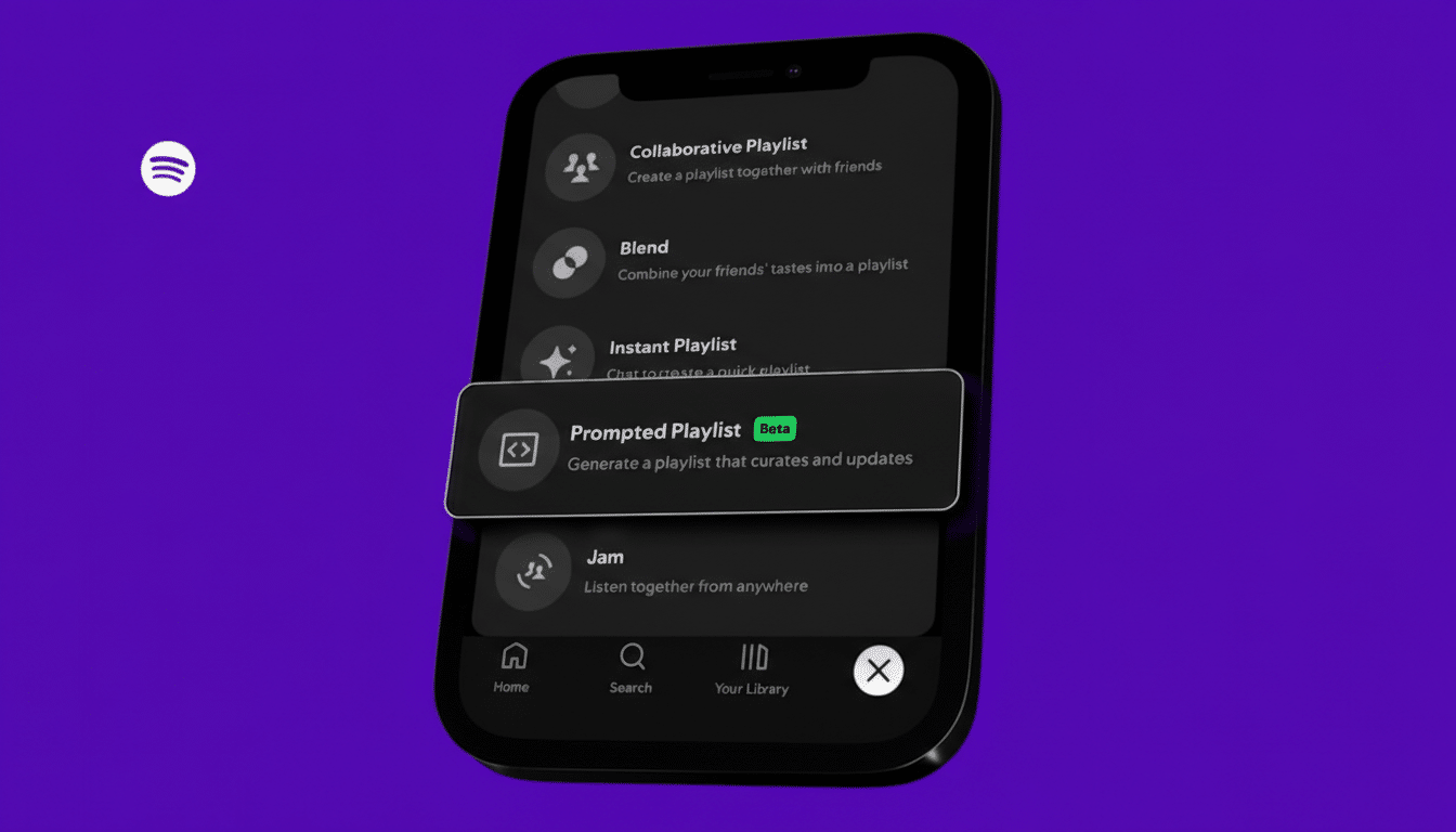 A Spotify mobile app screen displaying a Prompted Playlist feature in beta, with other playlist options visible.