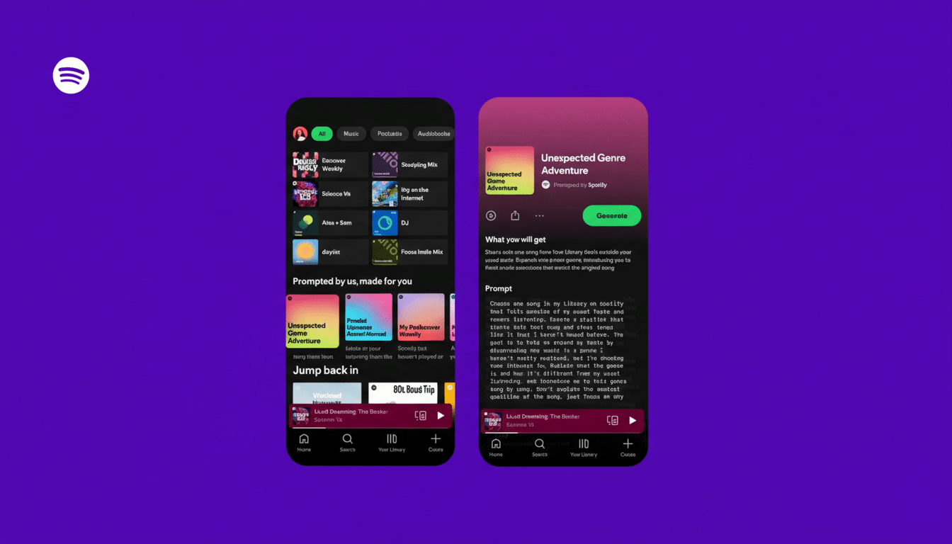 A 16:9 aspect ratio image showing two Spotify mobile app screens side-by-side on a purple background. The left screen displays a Prompted by us, made for you section with various playlists, while the right screen shows details for an Unexpected Genre Adventure playlist.