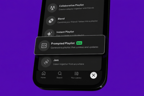 A close-up of a smartphone screen displaying the Spotify app, with a Prompted Playlist Beta feature highlighted.