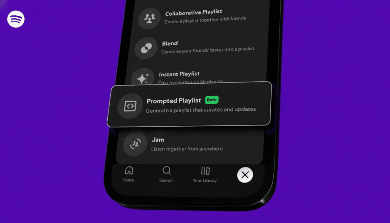 A close-up of a smartphone screen displaying the Spotify app, with a Prompted Playlist Beta feature highlighted.