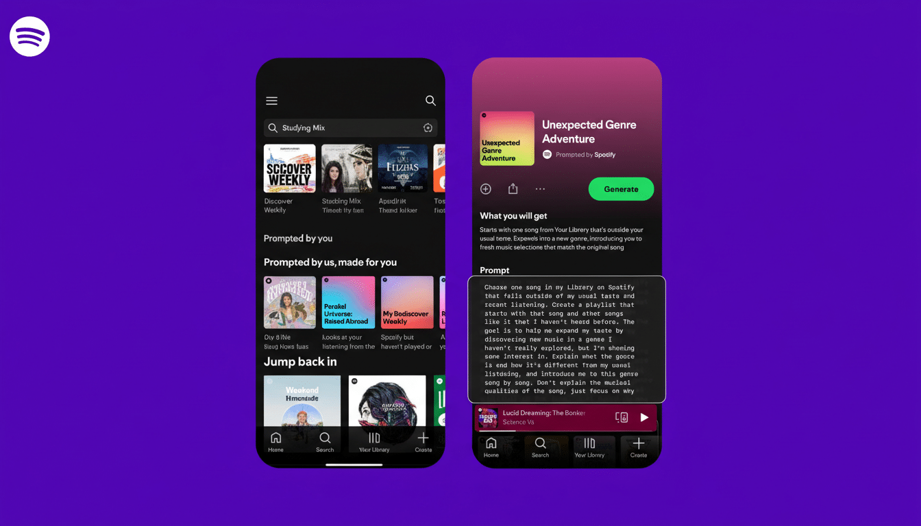 A 16:9 aspect ratio image showing two Spotify mobile app screens. The left screen displays various music categories and playlists, while the right screen shows details for an Unexpected Genre Adventure feature.