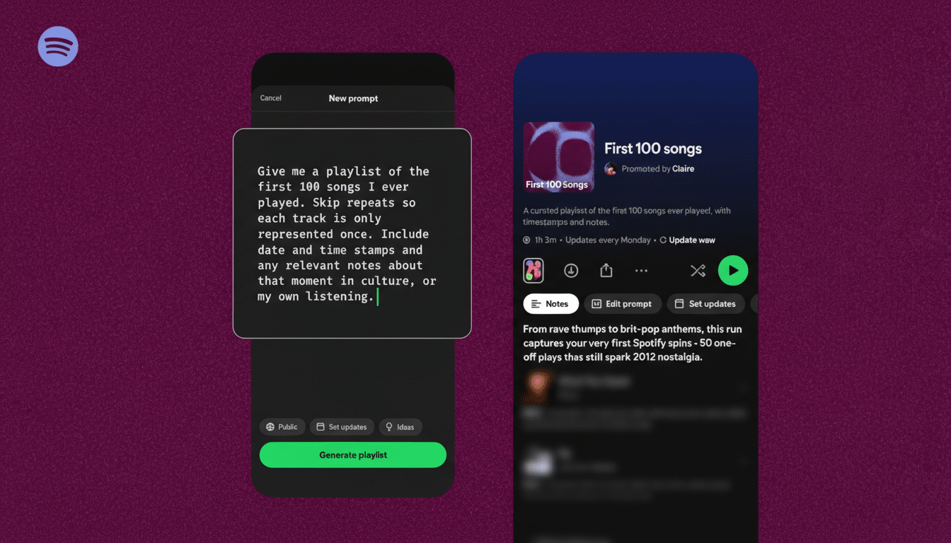 A 16:9 aspect ratio image showing two Spotify app screens. The left screen displays a prompt for generating a playlist of the first 100 songs ever played, with options for public, set updates, and ideas. The right screen shows a generated playlist titled First 100 songs with a description and playback controls. The background is a professional flat design with soft patterns.