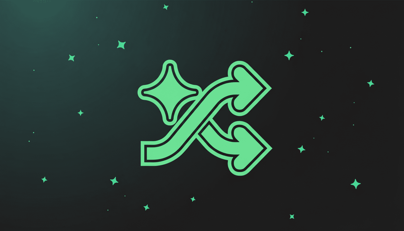 A professional 16:9 image featuring a light green icon with two intertwined arrows and a star shape, set against a dark background with subtle green star patterns and a soft gradient.