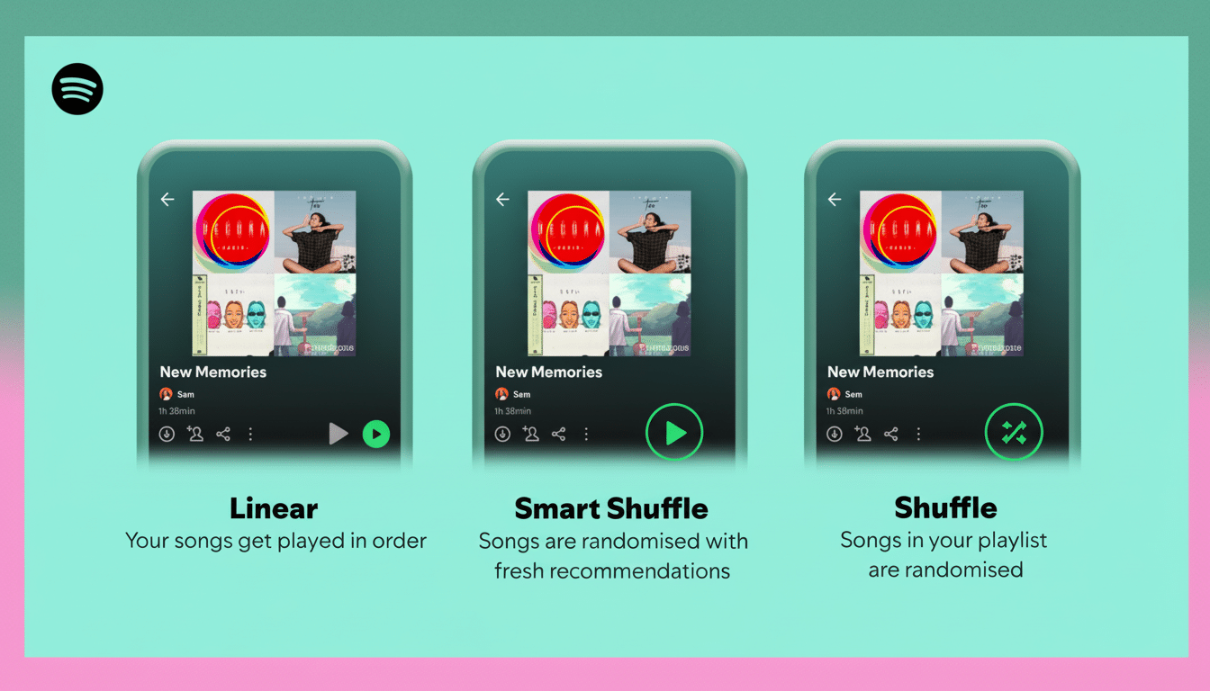 A 16:9 aspect ratio image showing three mobile phone screens displaying Spotifys New Memories playlist with different playback modes: Linear, Smart Shuffle, and Shuffle. The background is a professional flat design with soft patterns and gradients.