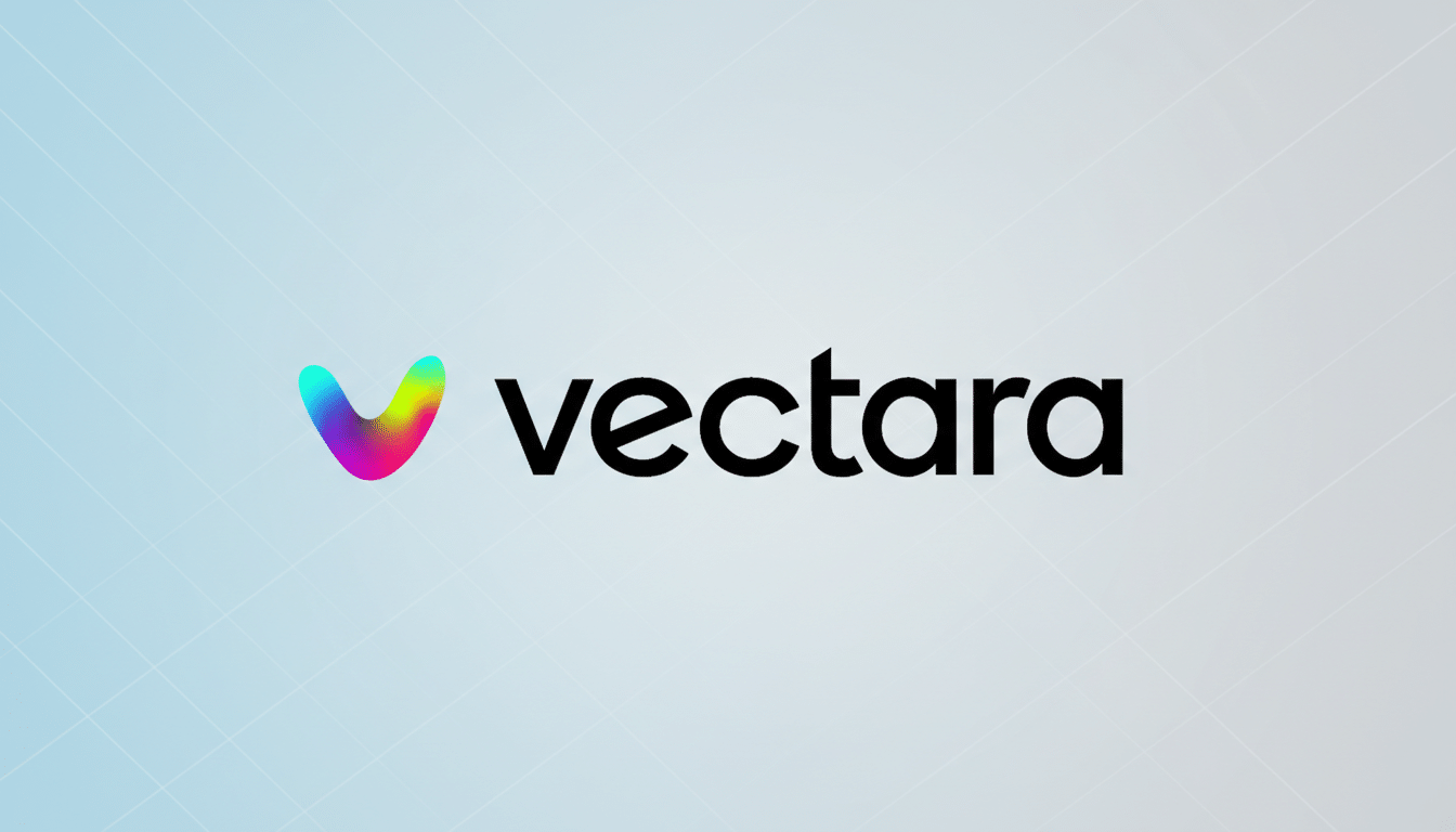 The Vectara logo, featuring a colorful, gradient V shape next to the black text vectara, presented on a professional light blue background with a subtle grid pattern.