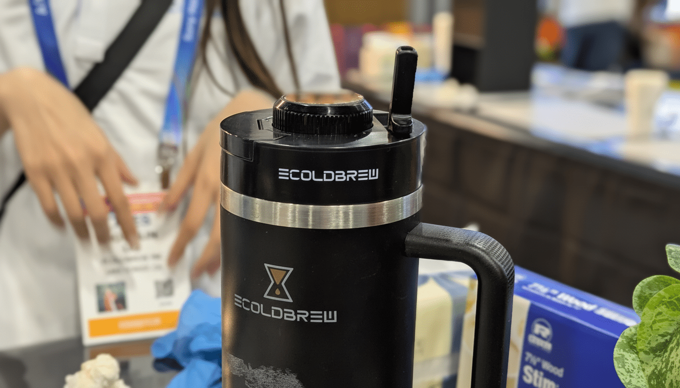 Ecoldbrew Thermos Topper at CES brewing 5-minute coffee on a travel mug
