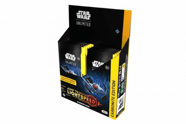 A display box of Star Wars Unlimited Jump to Lightspeed Carbonite Edition booster packs, presented on a clean white background.
