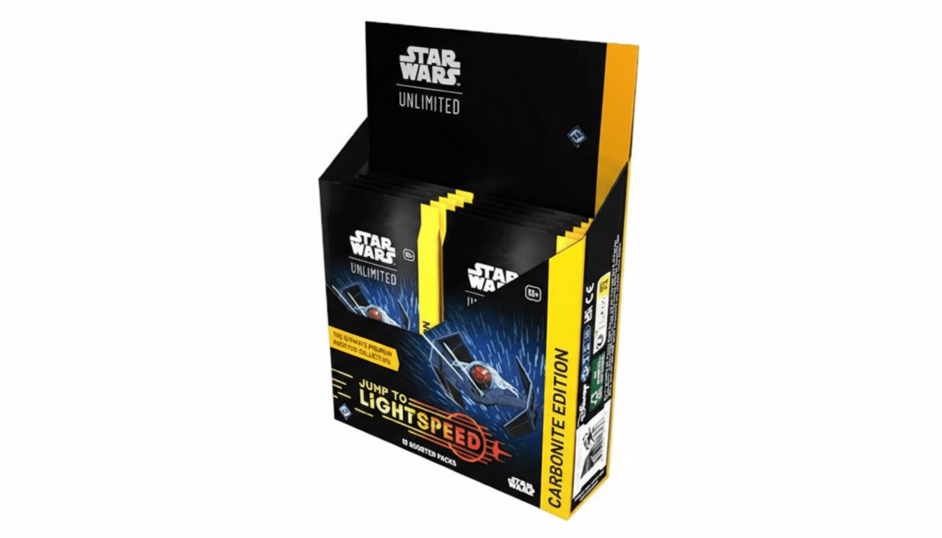 A display box of Star Wars Unlimited Jump to Lightspeed Carbonite Edition booster packs, presented on a clean white background.
