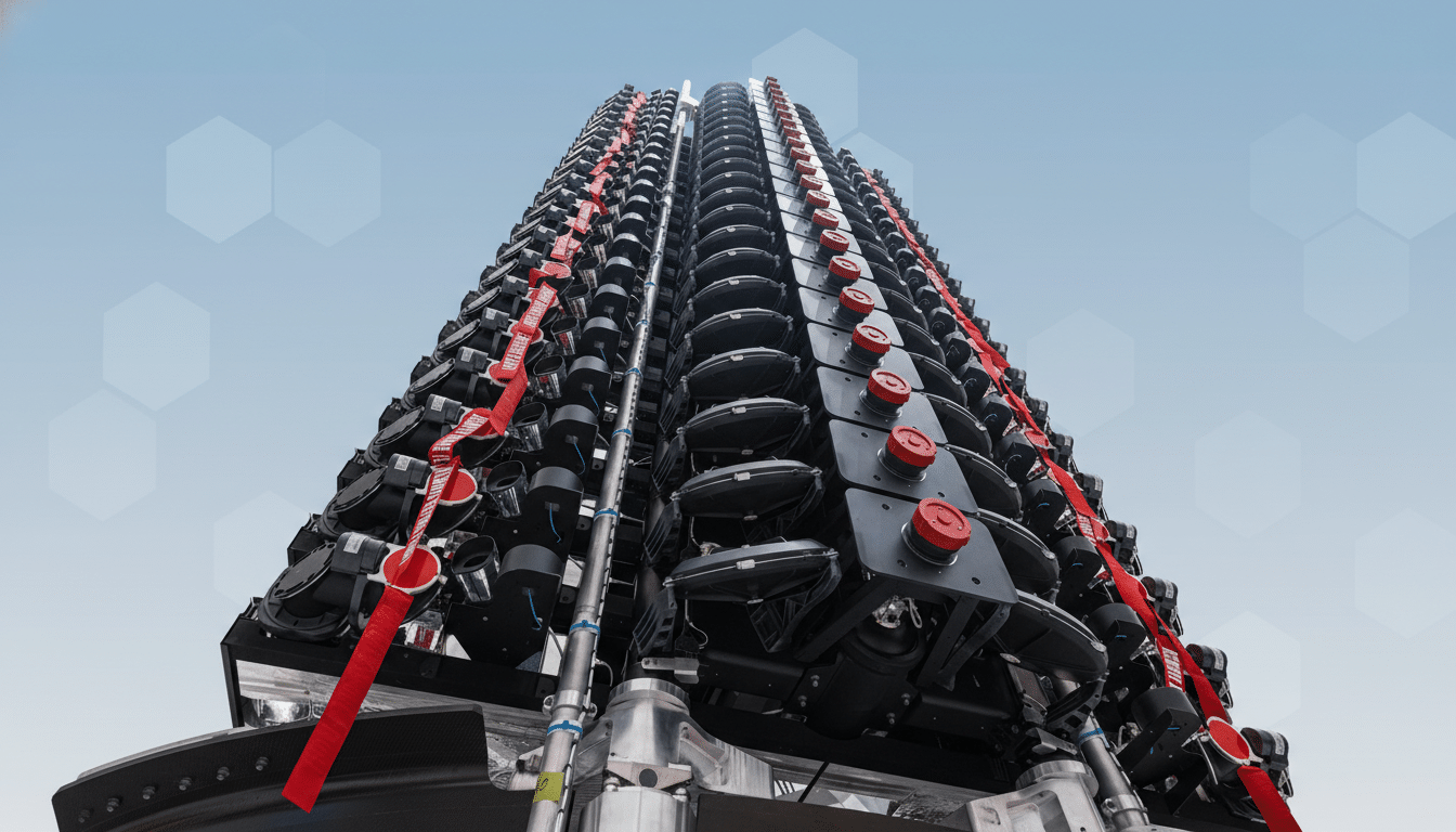 A large stack of Starlink satellites with red REMOVE BEFORE FLIGHT tags, presented against a professional flat design background with soft hexagonal patterns.