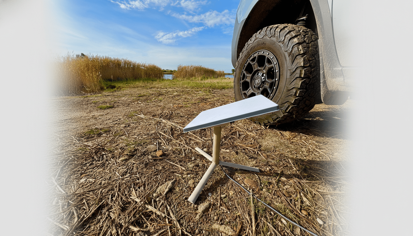 A Starlink satellite dish on a stand, positioned on a dirt ground next to a vehicle tire, with a body of water and reeds in the background under a blue sky.