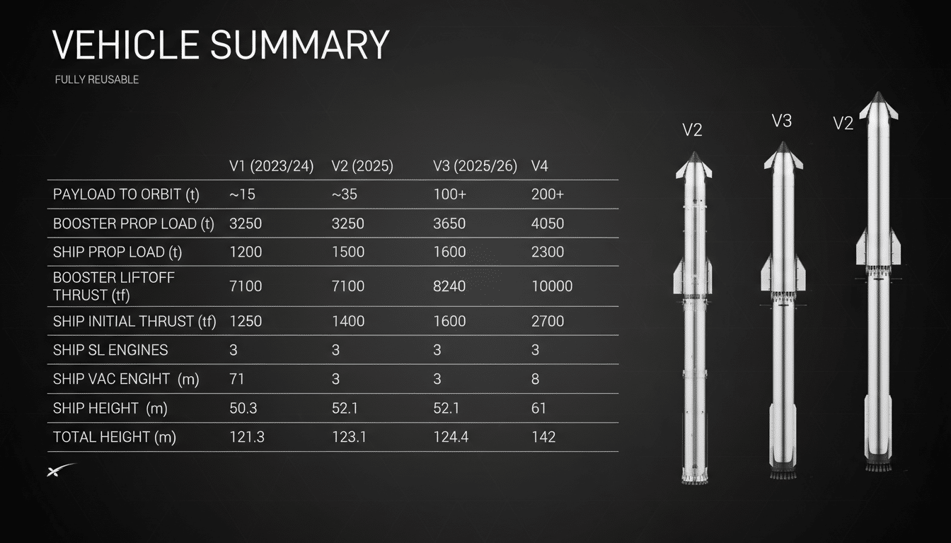 A VEHICLE SUMMARY table with specifications for different versions of a rocket (V1, V2, V3, V4) and three rocket illustrations on the right, labeled V2, V3, and V4.