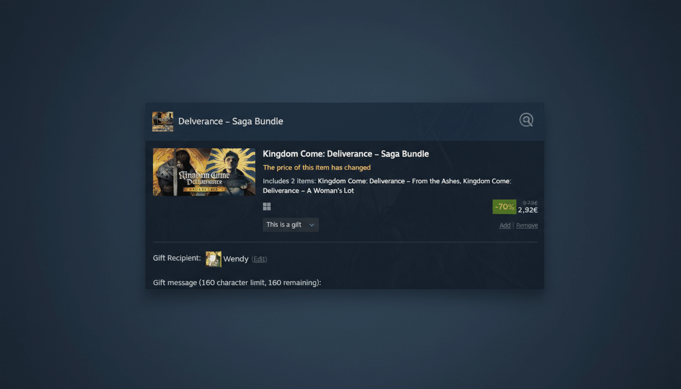A screenshot of the Steam store page for the Kingdom Come: Deliverance - Saga Bundle, showing the games cover art, title, price, and gift options. The image has been resized to a 16:9 aspect ratio.