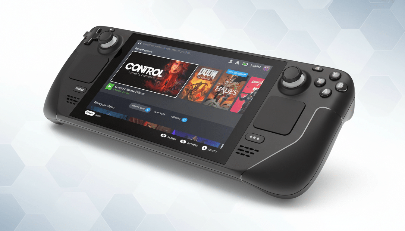 A Steam Deck handheld gaming console is shown at an angle, displaying its screen with various game titles. The background is a professional flat design with soft patterns.