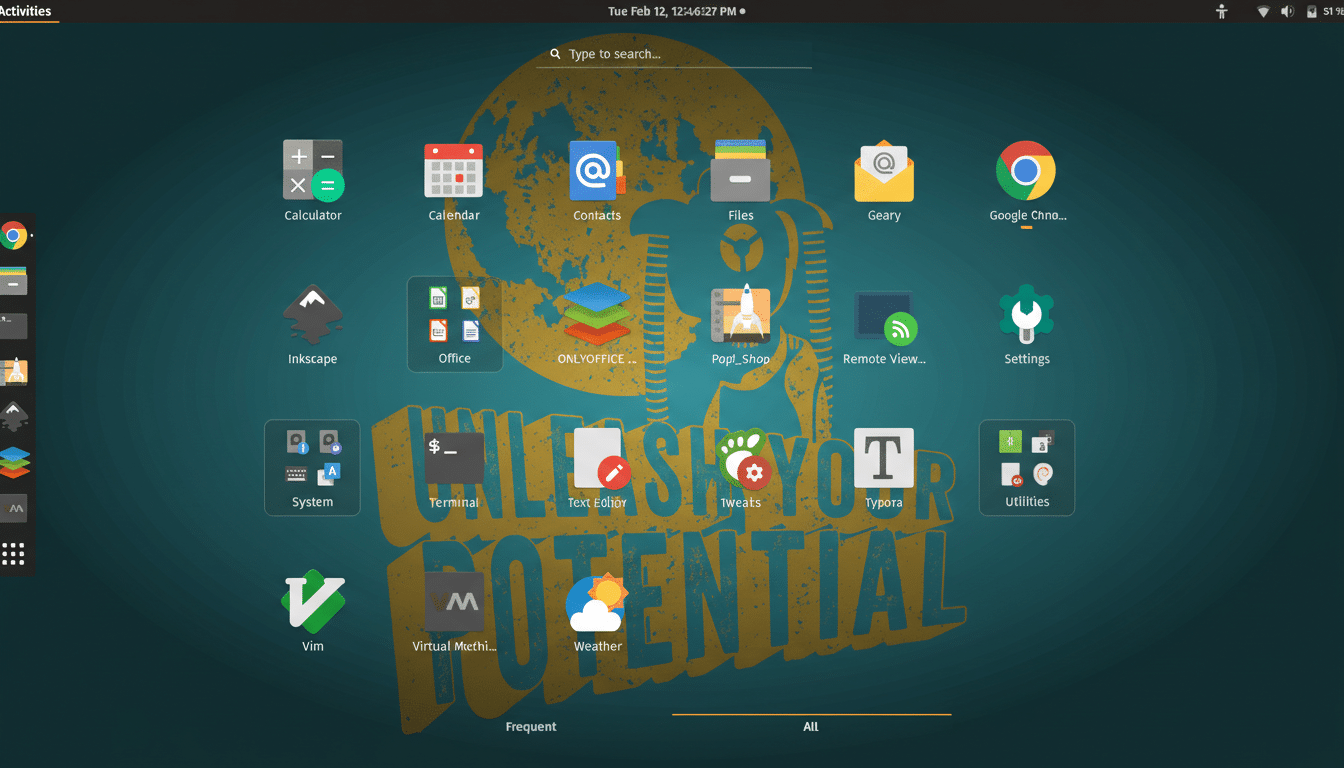 A desktop screenshot of a Linux operating system with various application icons arranged on the screen.