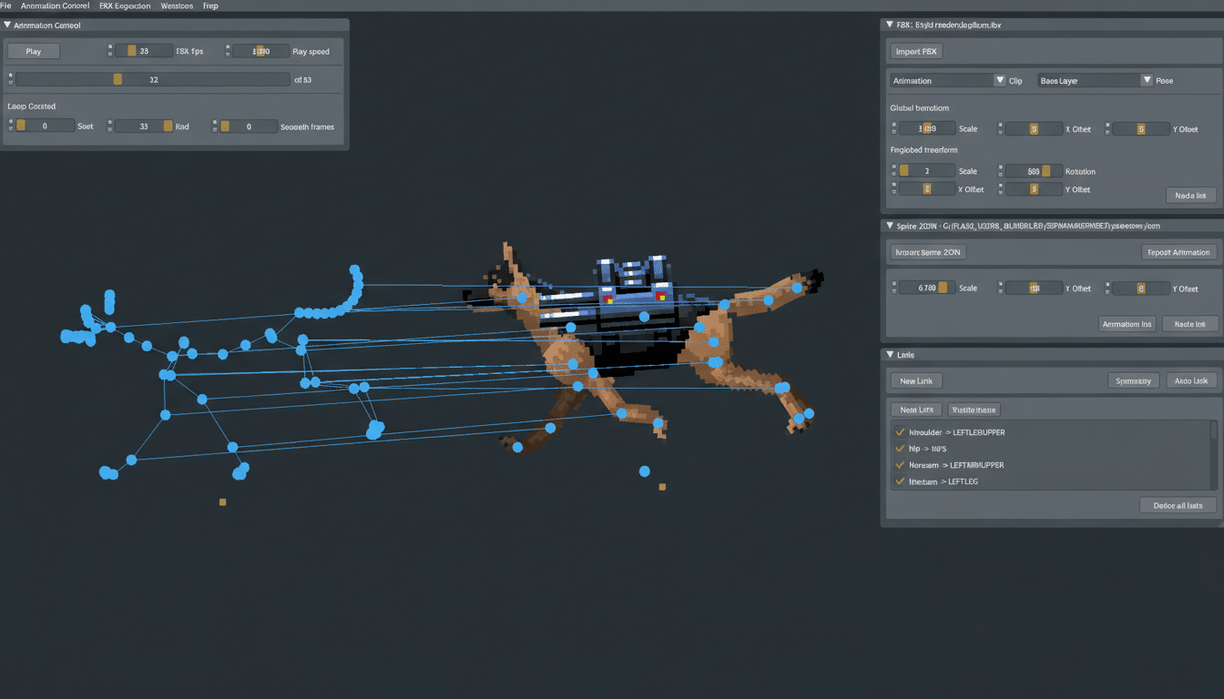 A screenshot of a 3D animation software interface, displaying a pixelated German Shepherd model with a skeletal rig of blue dots and lines. The interface shows various controls for animation, global transform, and links, with a dark grey background.