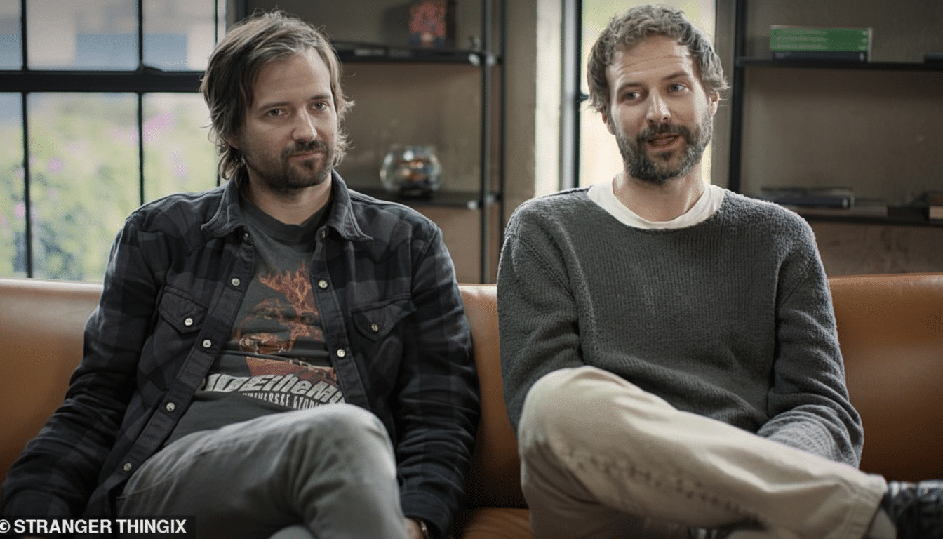 Two men with beards are sitting on a brown couch in a room with a window and shelves in the background.
