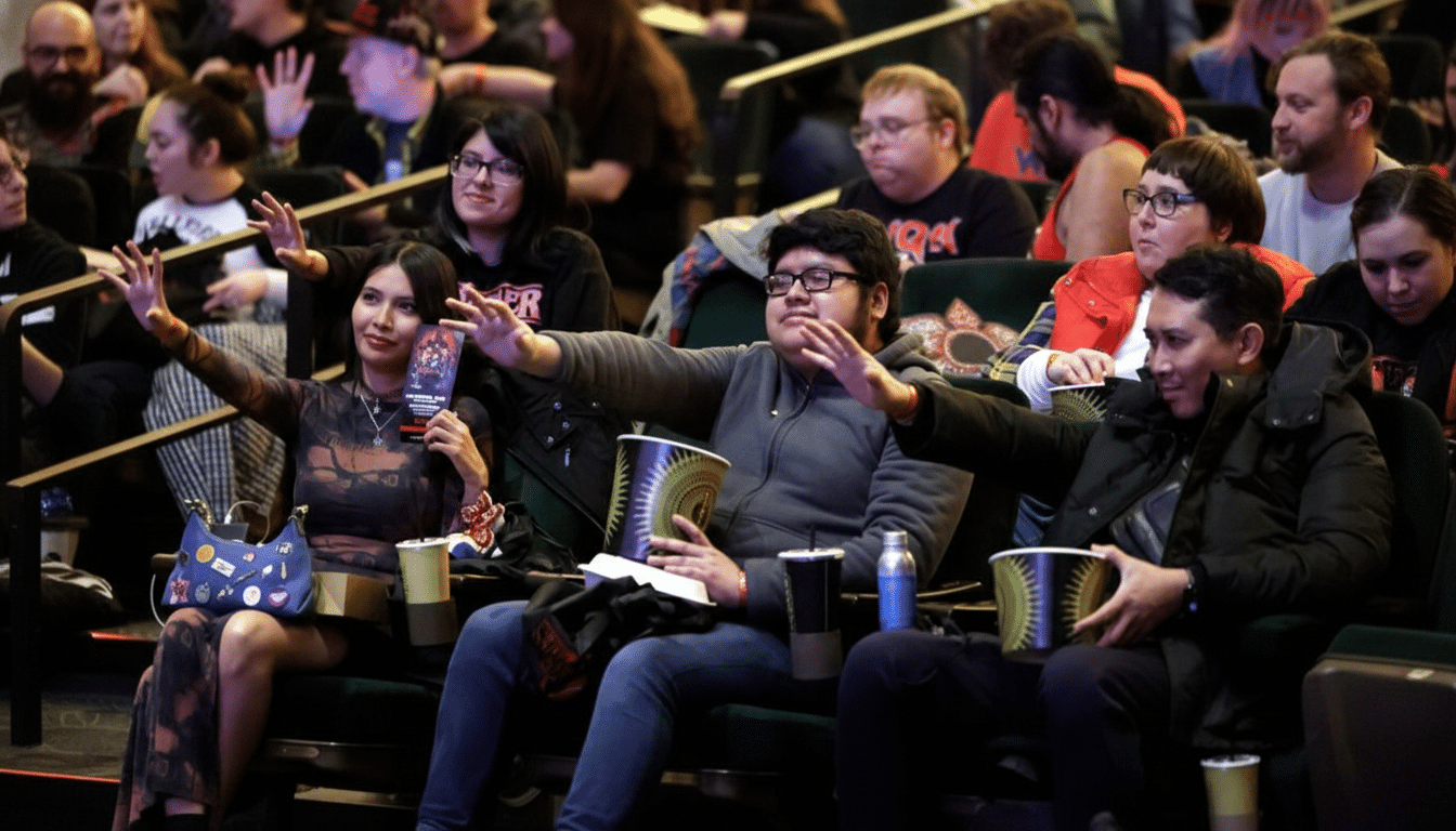 A diverse group of people sitting in a theater, some with their hands raised, holding popcorn and drinks.