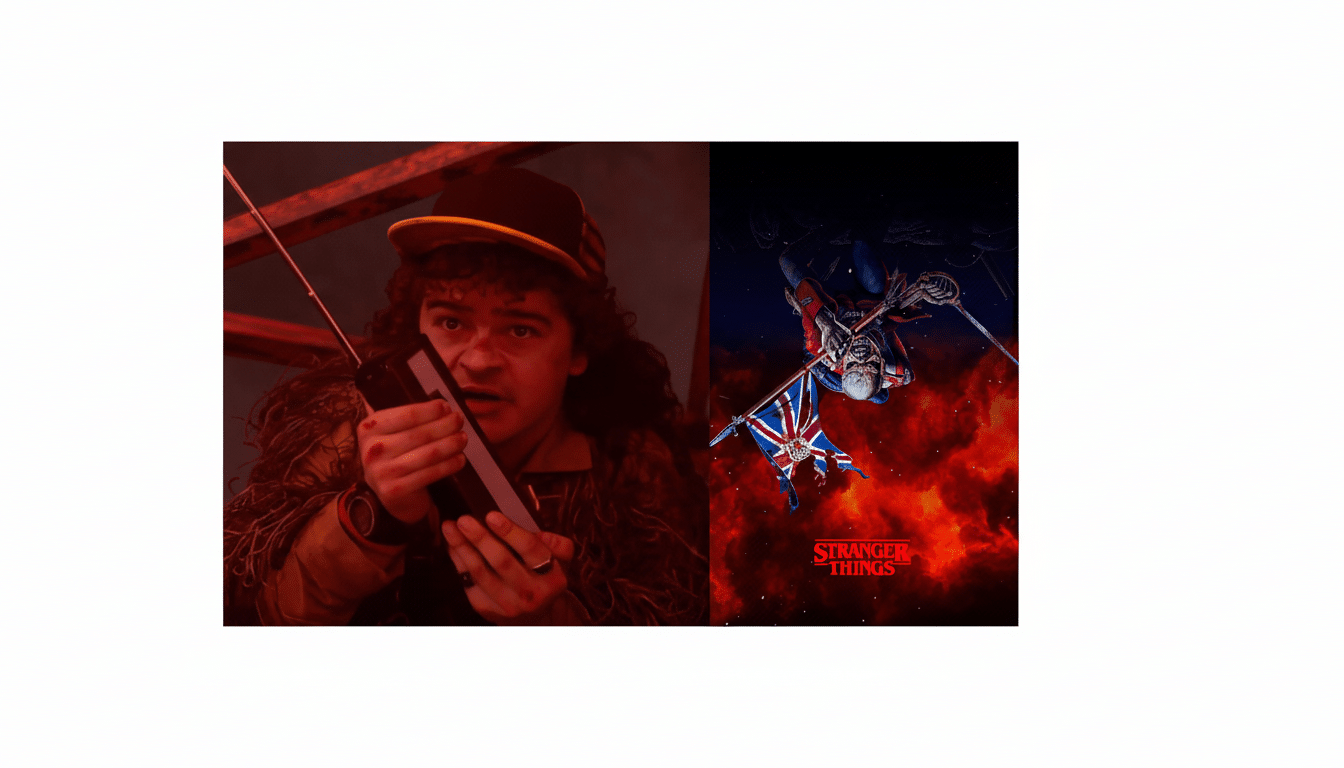 A split image featuring Dustin Henderson from Stranger Things on the left, holding a walkie-talkie, and an Iron Maiden album cover on the right, with the Stranger Things logo at the bottom.