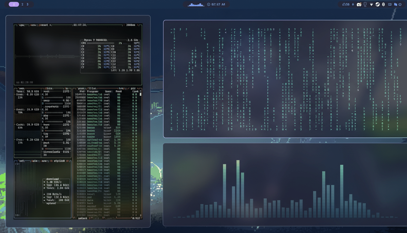 A desktop screenshot displaying various system monitoring tools and terminal windows with code and data.