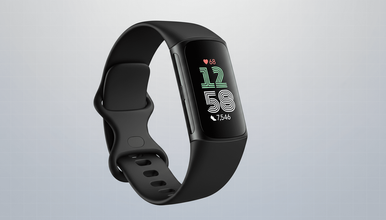 A black Fitbit Charge 5 fitness tracker with a digital display showing the time 12:58, a heart rate of 68, and 7,546 steps, presented on a professional flat design background with soft patterns.