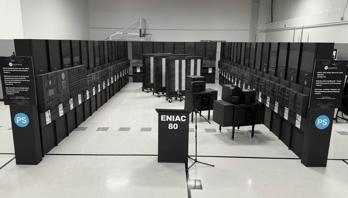 A wide shot of a room filled with large, black, vintage computer equipment, resembling the ENIAC, with a sign in the foreground that reads ENIAC 80.