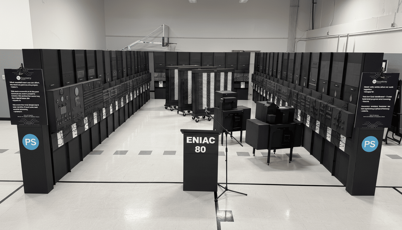 Full-scale ENIAC replica with vintage control panels, vacuum tubes, and cabling
