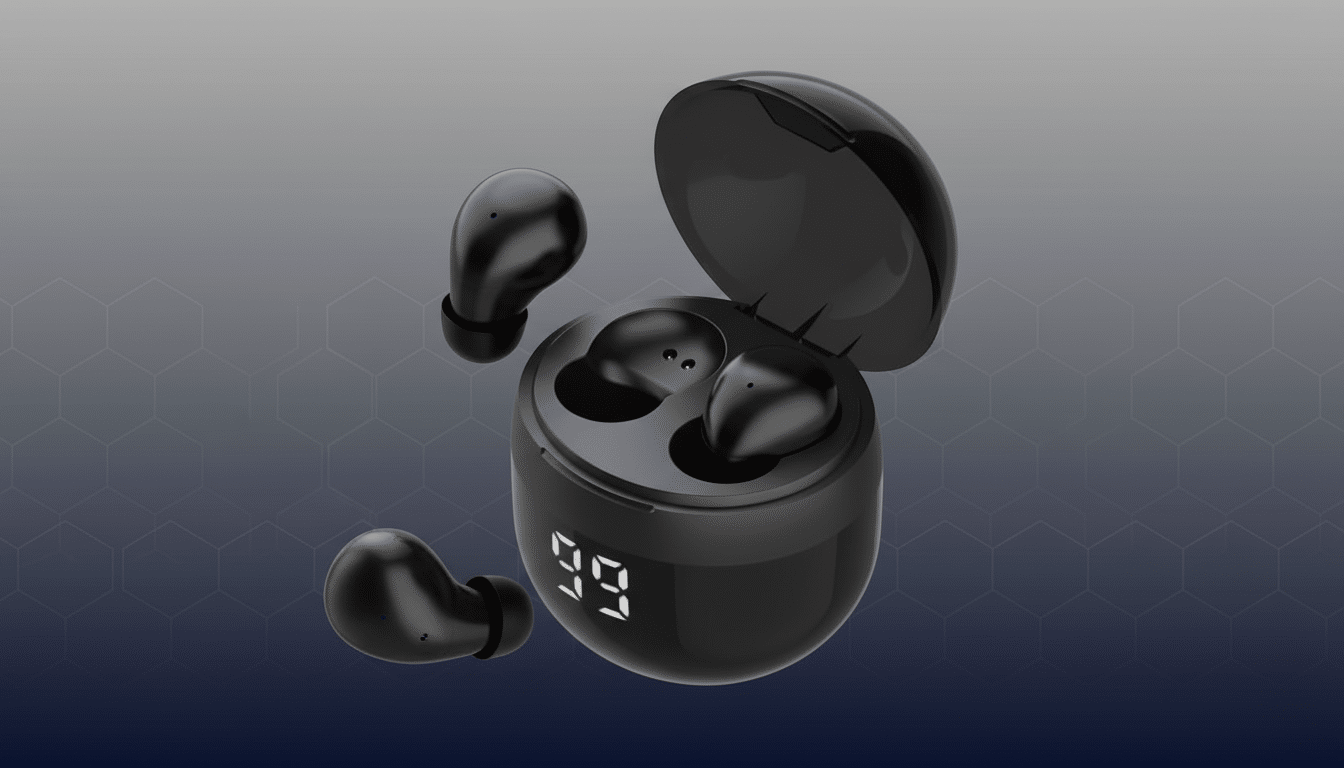 A pair of black wireless earbuds with their charging case, presented on a professional flat design background with soft patterns and gradients.