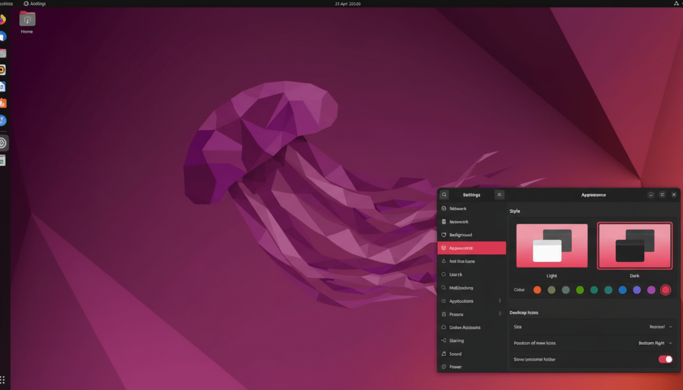 A screenshot of the Ubuntu desktop with the settings window open, showing appearance options.