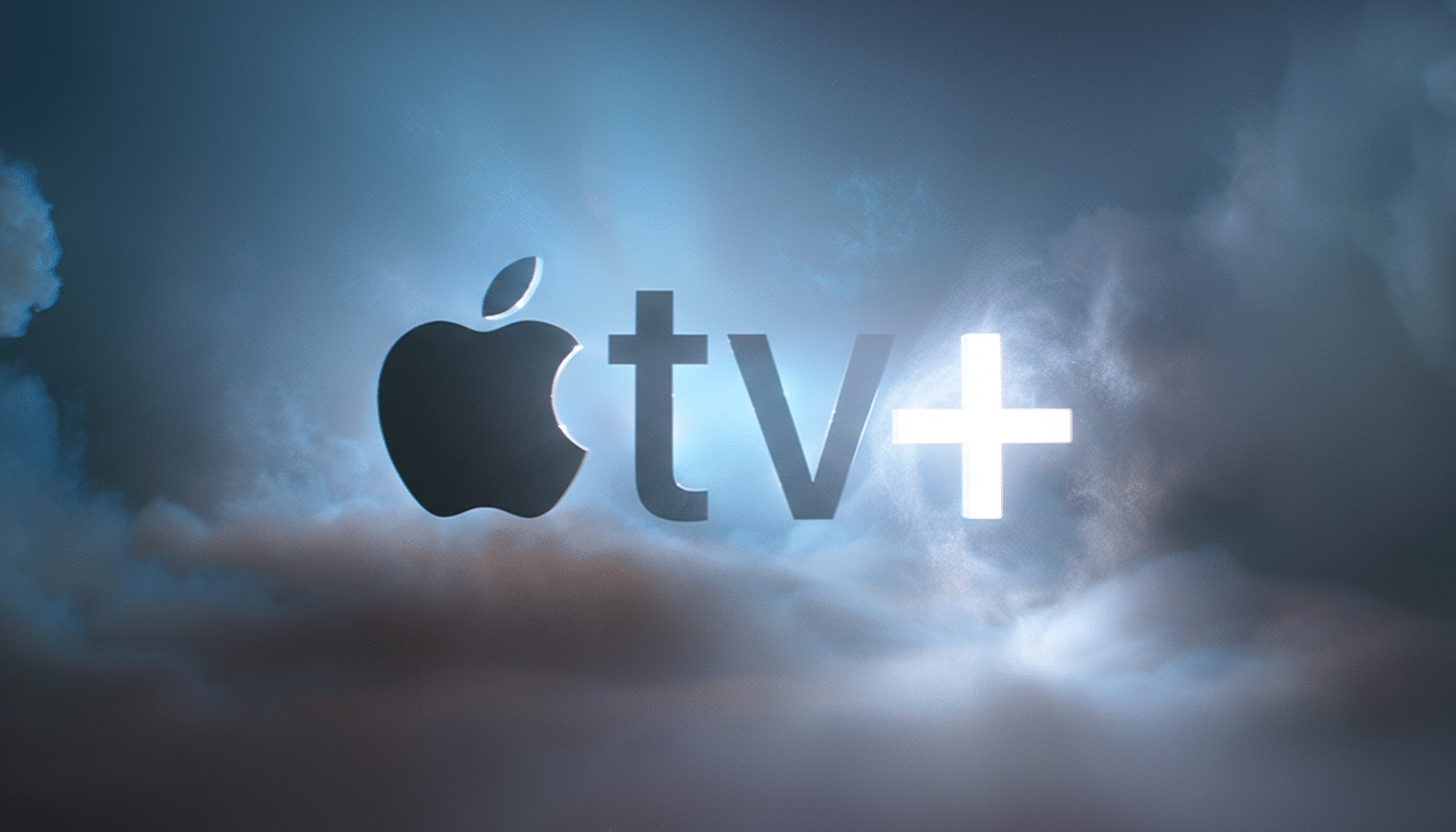 The Apple TV+ logo, featuring the Apple icon and tv+ text, set against a dramatic, cloudy sky with a glowing light source behind it.