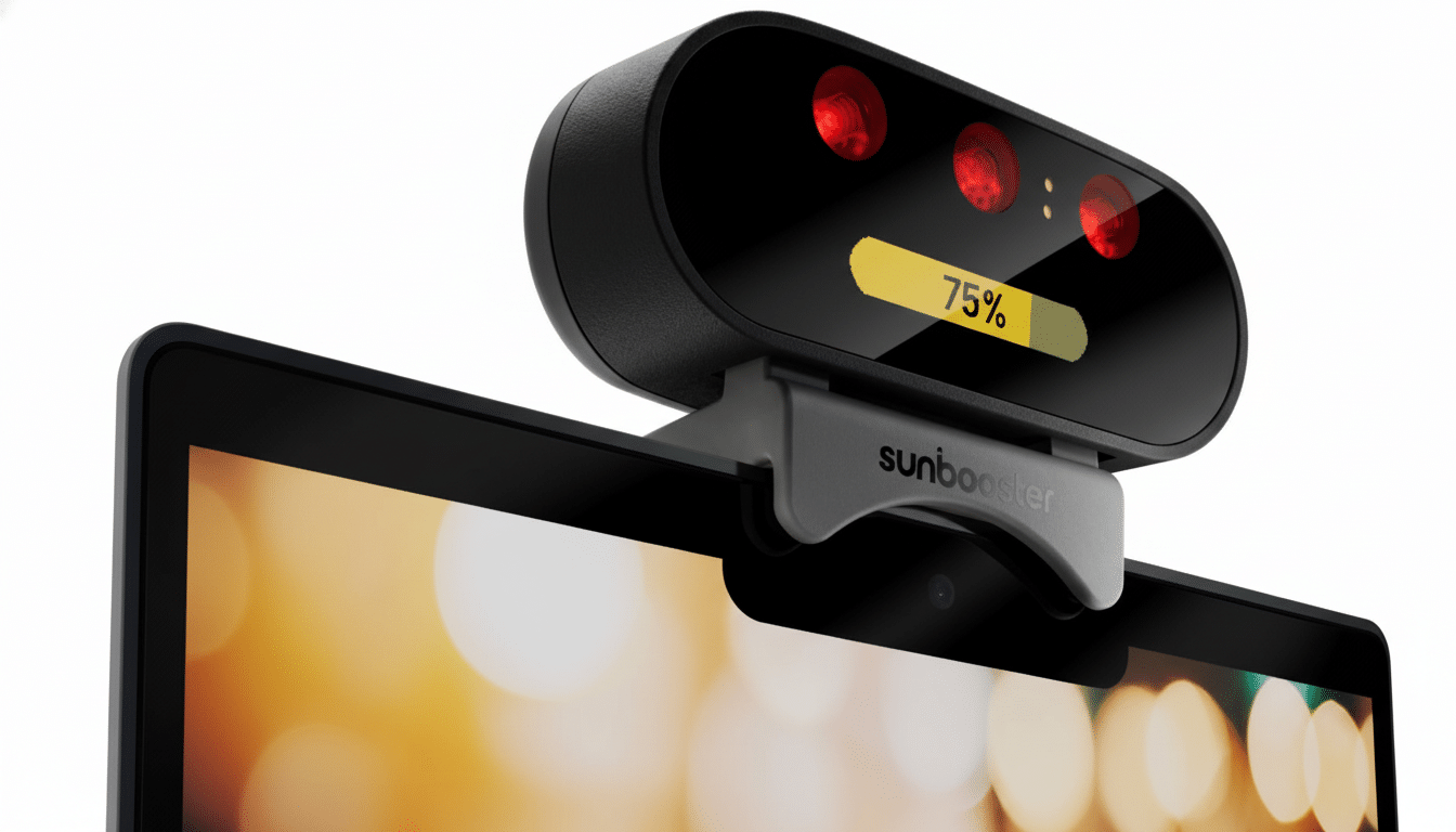 A black Sunbooster device with red lights and a 75% charge indicator, mounted on top of a laptop screen.