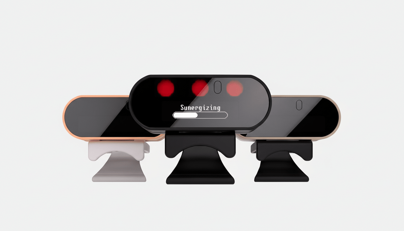 Three sleek, modern webcams in black, peach, and beige, with the central black webcam displaying Sunergizing and a loading bar, set against a clean, light gray background.