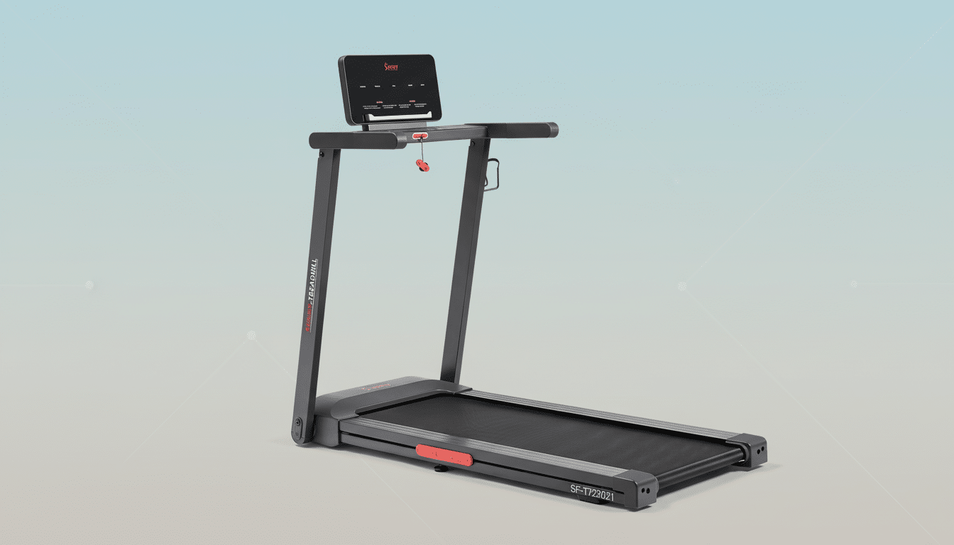 A professional image of a Sunny Health & Fitness SF-T722021 treadmill with a 16:9 aspect ratio, featuring a clean, soft gradient background with subtle geometric patterns.