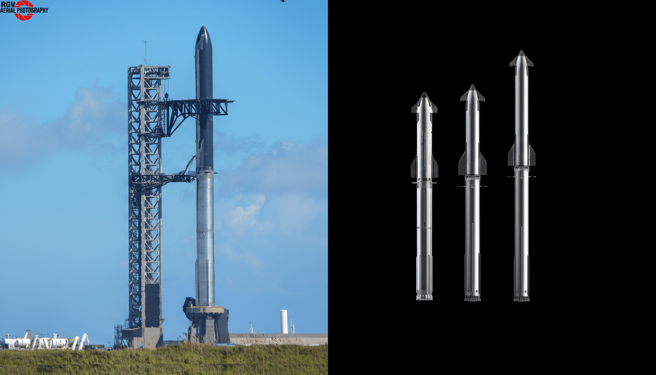 A 16:9 aspect ratio image featuring a tall, dark gray rocket on a launchpad next to a metal tower on the left, and three silver rockets of varying sizes against a black background on the right.