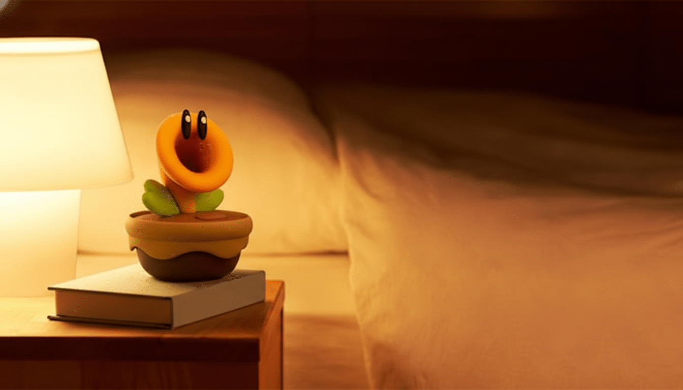 A Piranha Plant figure from Super Mario Bros. sits on a book next to a lamp on a nightstand, with a bed in the background.