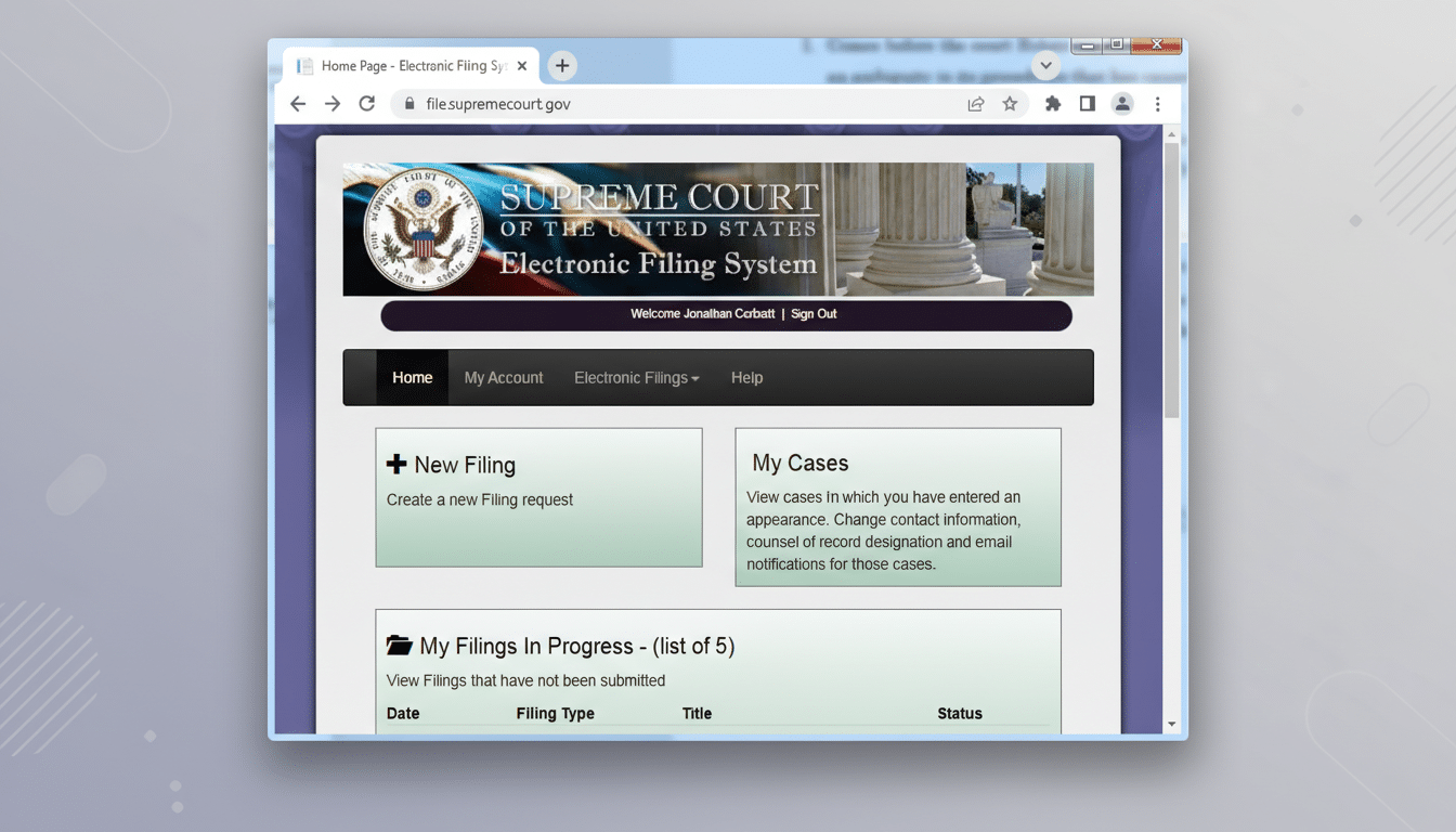 A screenshot of the Supreme Court of the United States Electronic Filing System website, displayed within a web browser window. The browser is set against a professional flat design background with soft patterns. The website shows options for New Filing, My Cases, and My Filings In Progress.