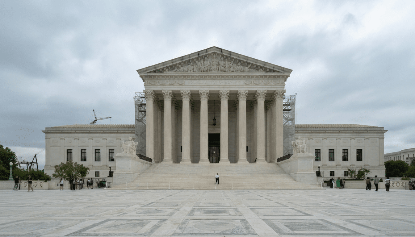 The United States Supreme Court building under a cloudy sky, with a person standing on the steps and several people gathered on the plaza.