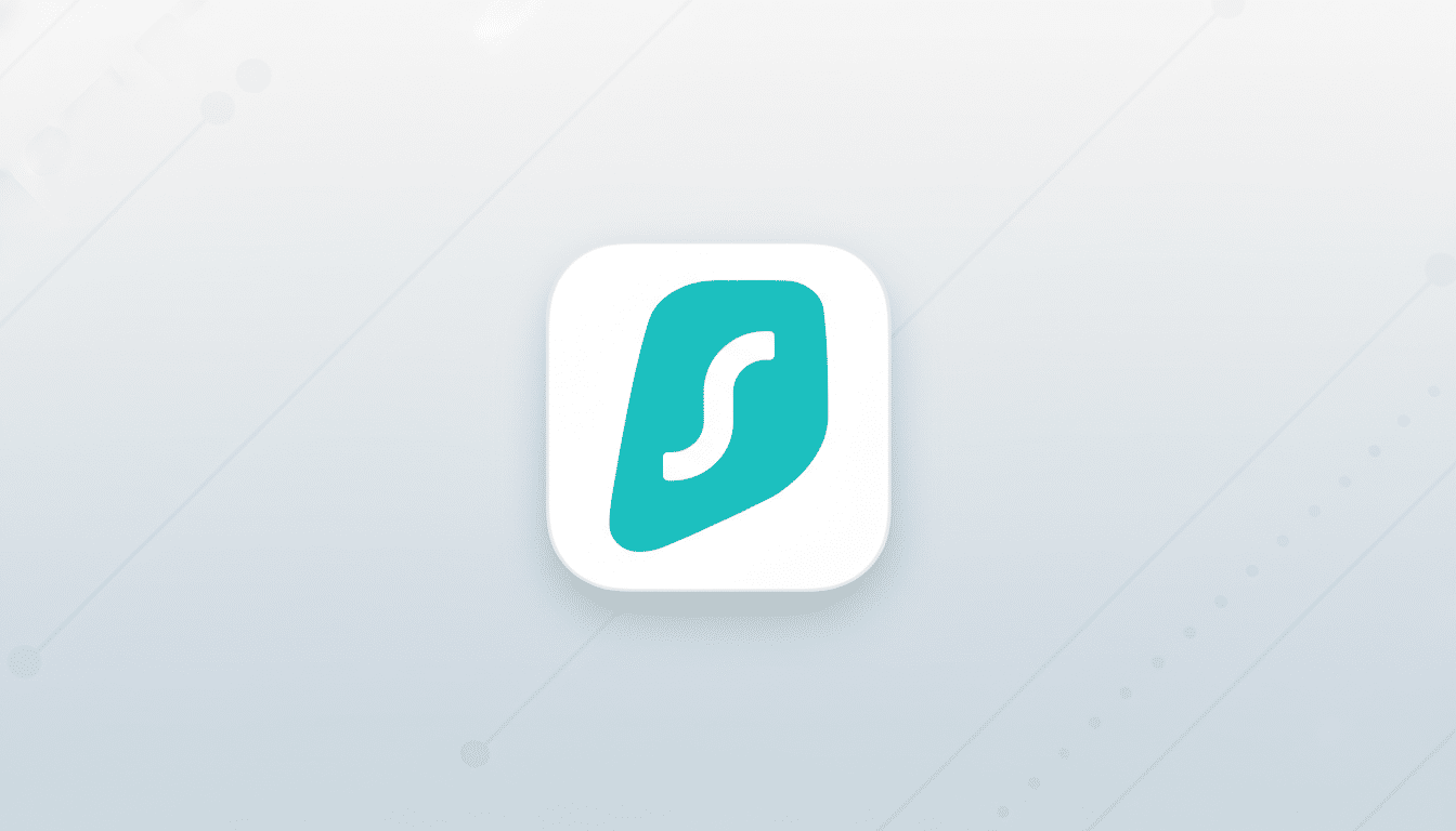 A 16:9 aspect ratio image featuring the Surfshark VPN app icon. The icon is a white rounded square with a teal, irregular shape containing a white stylized S in the center. The background is a professional flat design with soft gray gradients and subtle geometric patterns.