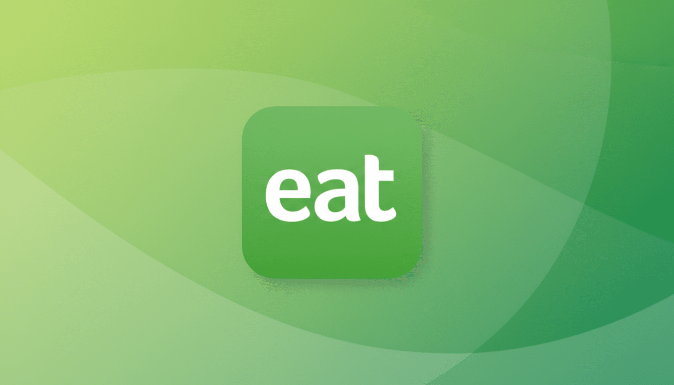 The word eat in white lowercase letters on a rounded square green icon, centered on a professional 16:9 background with soft green gradients and subtle wave patterns.