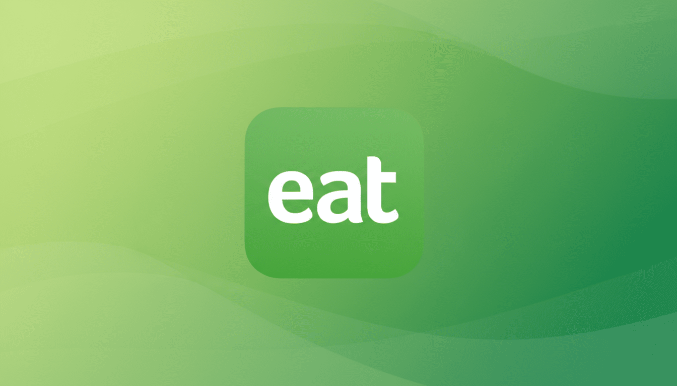 The eat app icon, featuring the word eat in white lowercase letters on a rounded square green background, is centered on a professional 16:9 background with a soft green gradient and subtle wave patterns.