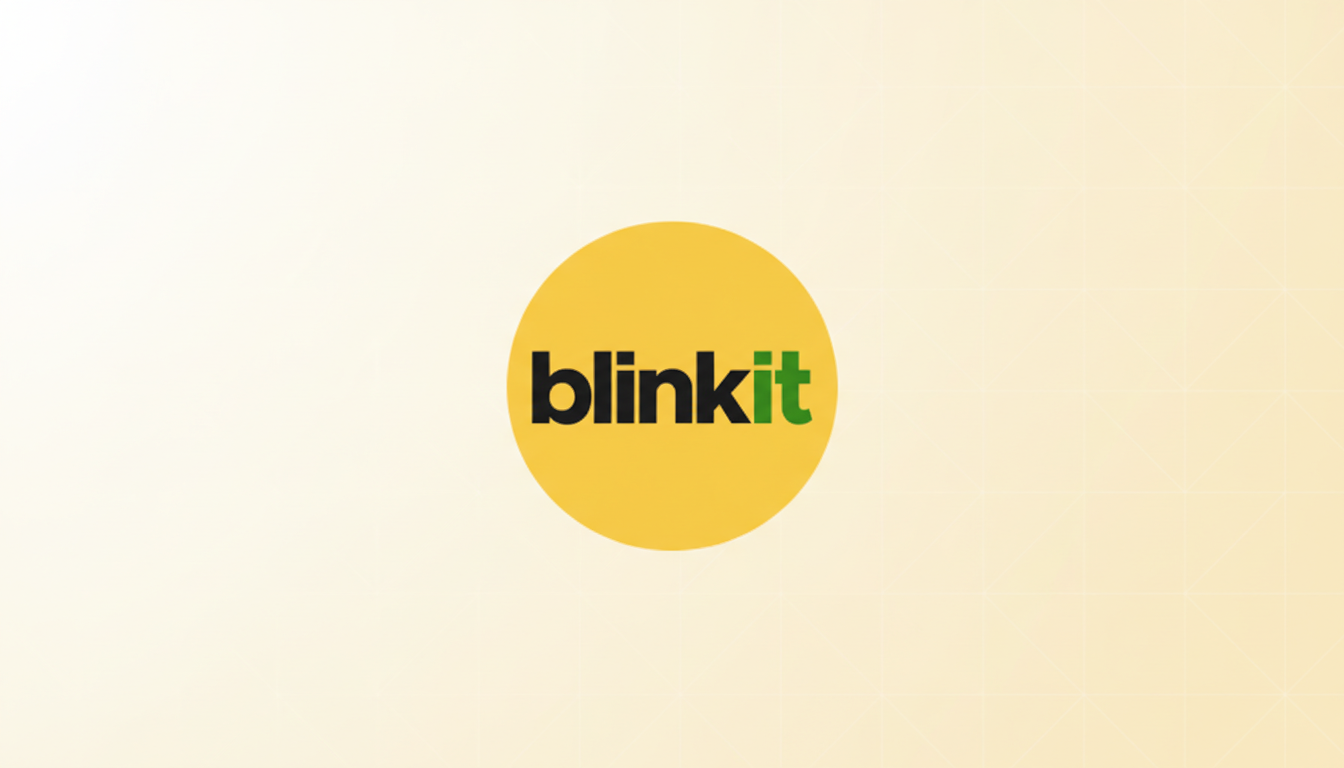 The Blinkit logo, featuring the word blinkit in black with the i in green, centered within a yellow circle, set against a professional light gradient background.
