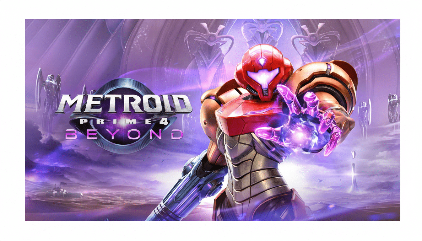 The Metroid Prime 4 Beyond logo with Samus Aran in her power suit, extending her hand with a glowing purple energy effect, set against a futuristic, alien landscape.