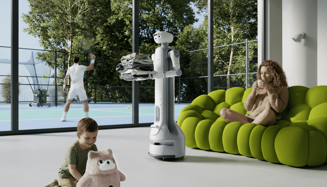 A robot holding a stack of clothes stands in a modern living room with a woman on a green sofa, a child playing with a stuffed animal, and a man playing tennis visible through a large window.