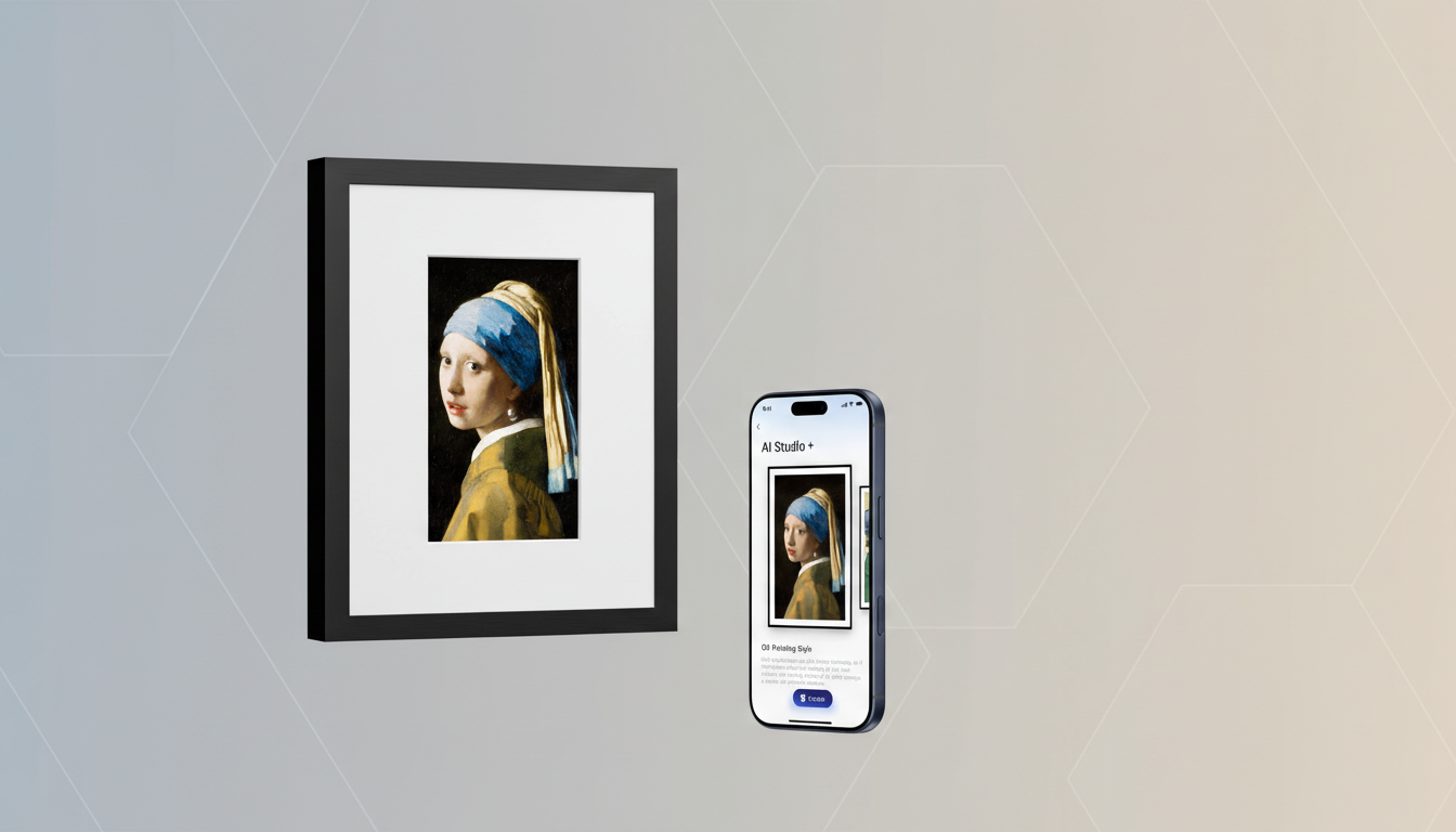 A framed painting of Girl with a Pearl Earring and a smartphone displaying the same painting within an AI Studio + app, set against a professional flat design background with soft geometric patterns and a gradient.